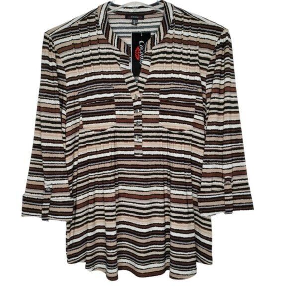Cocomo Women's Size XL Brown Multicolor Stripe Print Pintuck 3/4 Sleeve Top - Picture 1 of 7